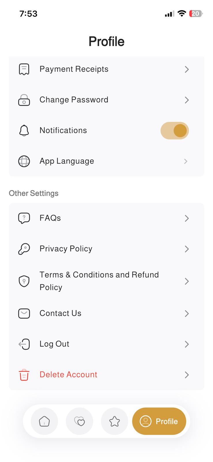 Zawaj Bridge Profile screen showing Delete Account