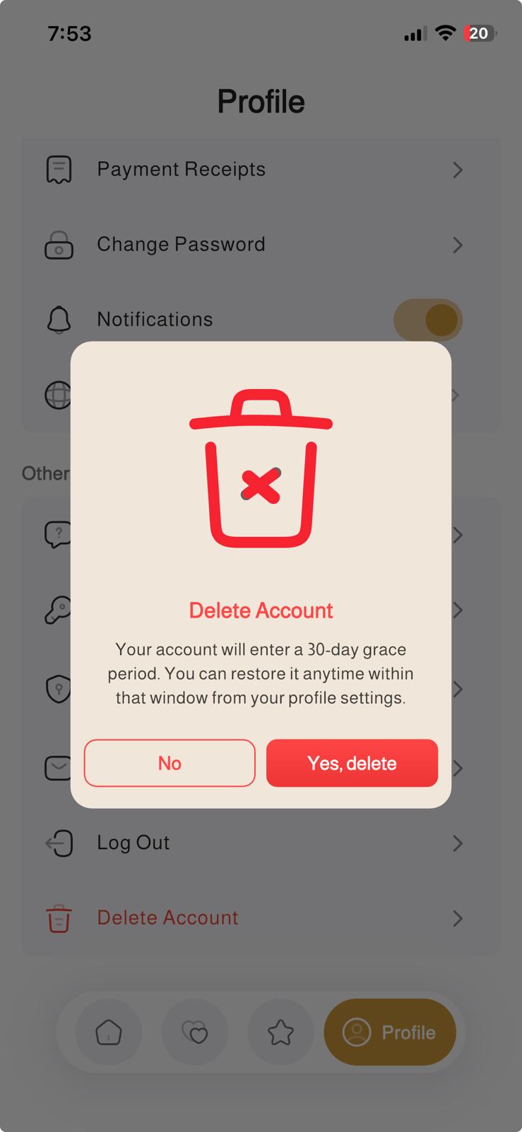 Zawaj Bridge Delete Account confirmation screen